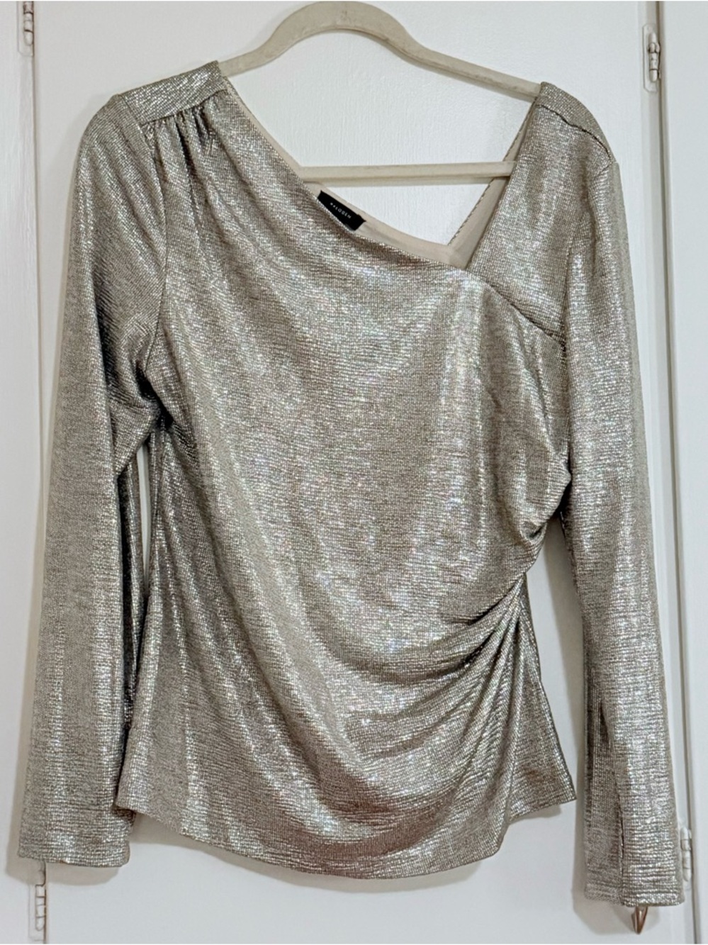 Halogen Silver Shimmer Long-Sleeve Asymmetrical Top